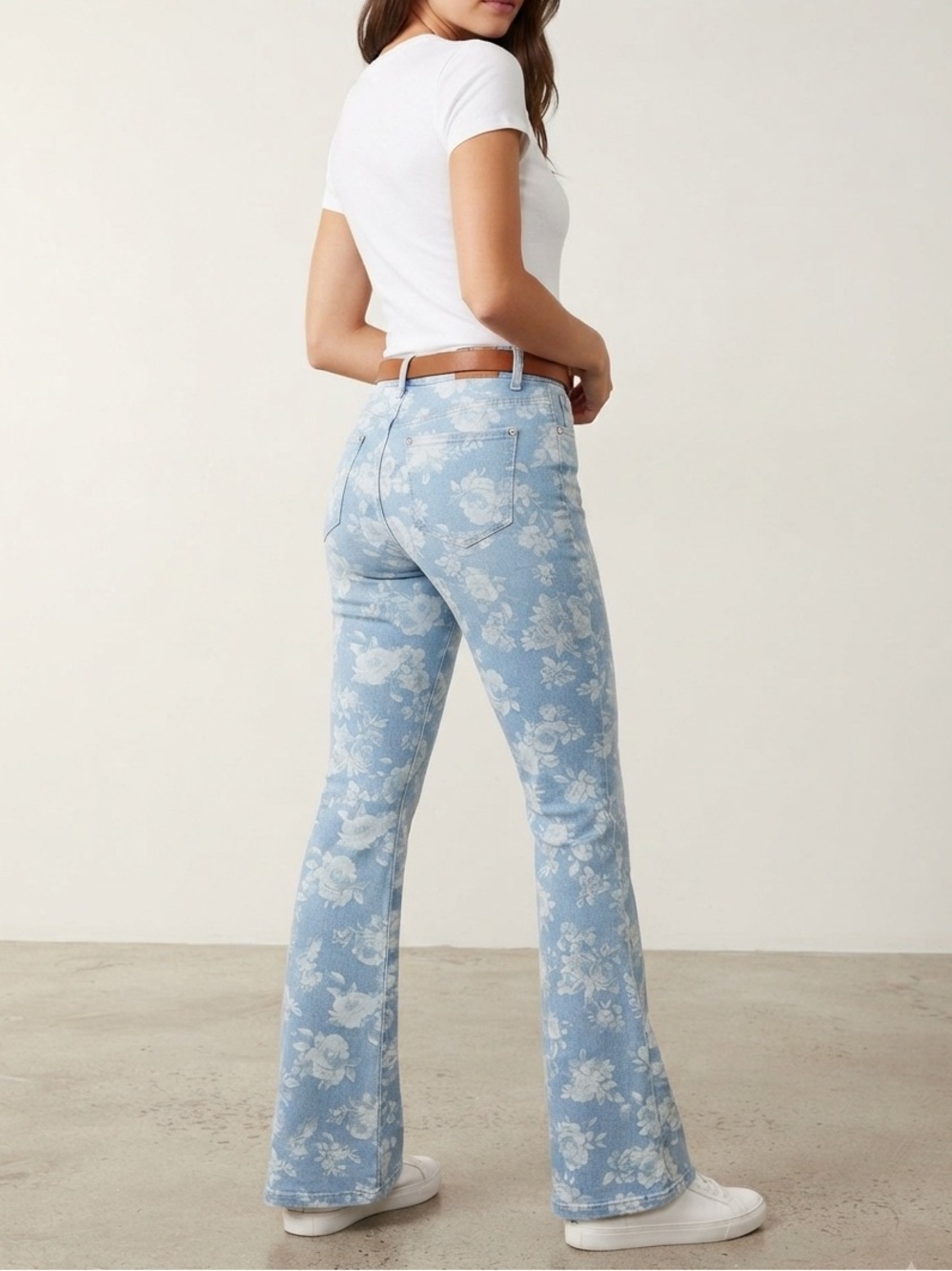 Women's Light Blue Floral Wide Leg Jeans